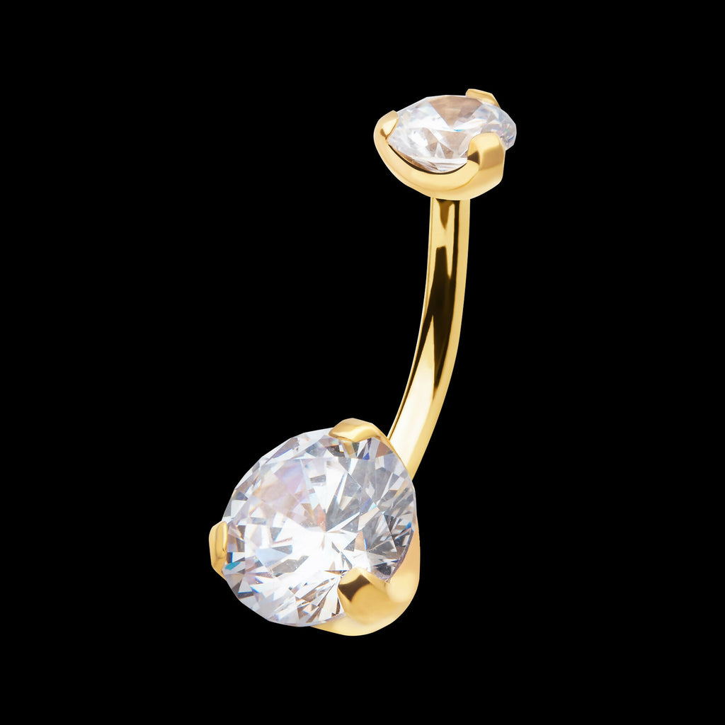 24KT Gold PVD Titanium Internally Threaded Double Prong Set Clear CZ Fixed Bottom Navel Earring / Nosering