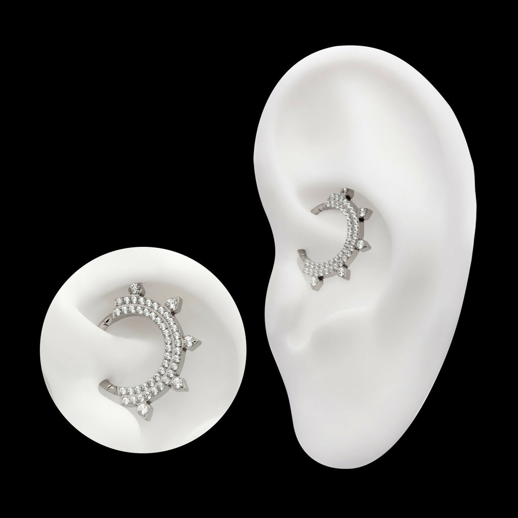 Double Row CNC Set Round CZ with 5 Round CZ Spike Edge Front Facing Hinged Segment Clicker Hoop Earring / Nosering – Titanium