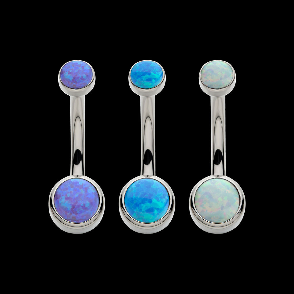 Internally Threaded with Bezel Set Double Opal Smooth Rounded Back Navel Curves Earring / Nosering – Titanium