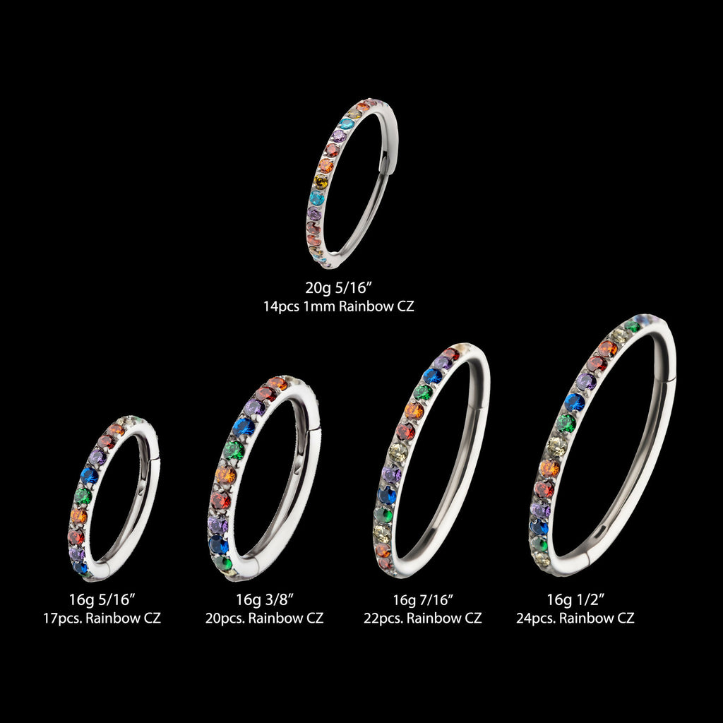 1mm CNC Set Rainbow Eternity CZ Titanium Side Facing Hinged Segment Clicker Hoop Earring / Nosering