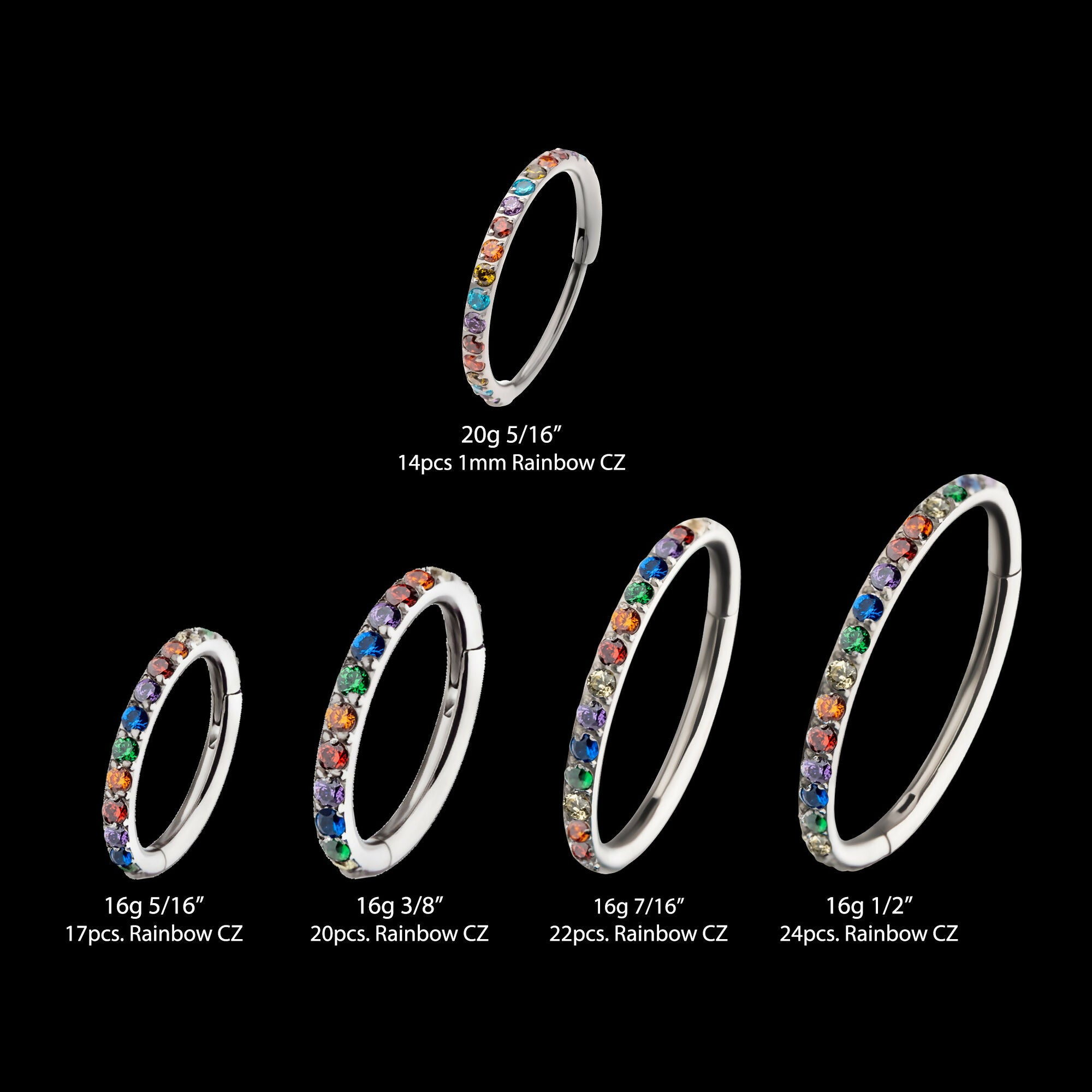 1mm CNC Set Rainbow Eternity CZ Titanium Side Facing Hinged Segment Clicker Hoop Earring / Nosering