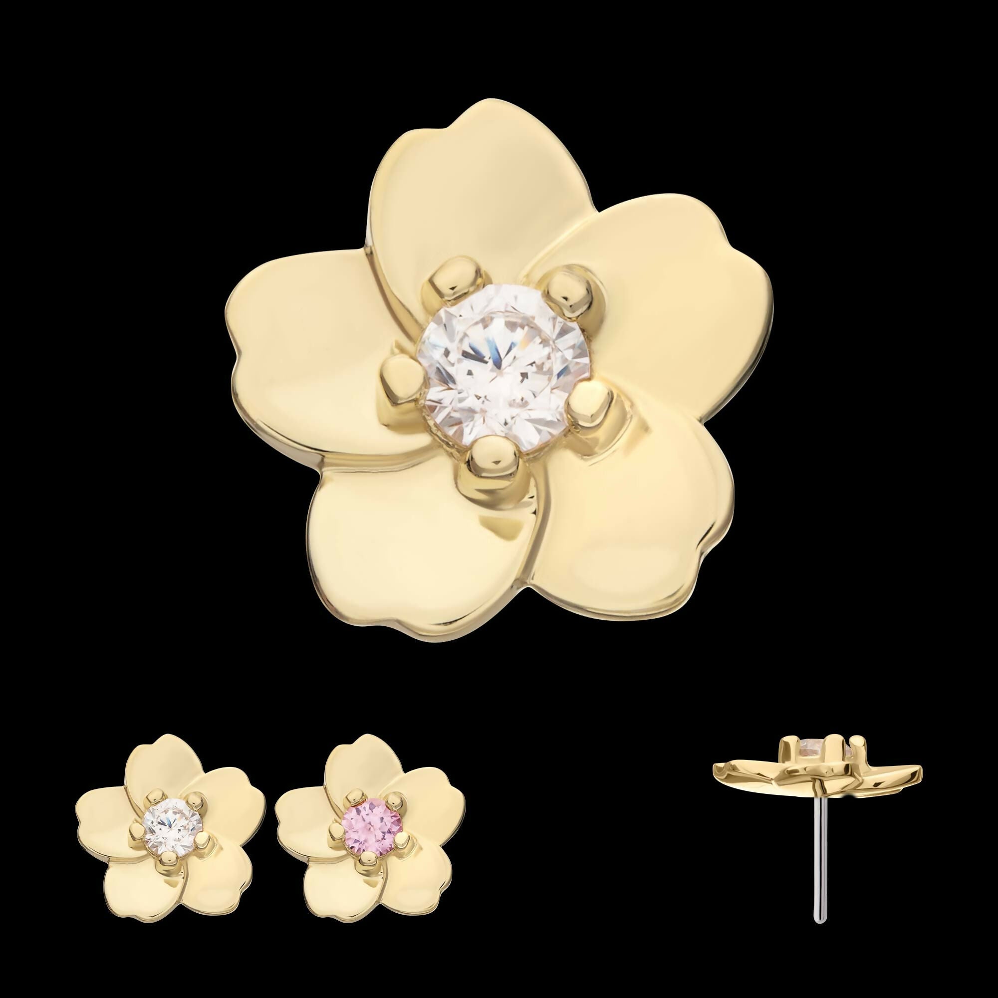14Kt Yellow Gold Threadless Cherry Blossom Flower Top with Prong Set Gem