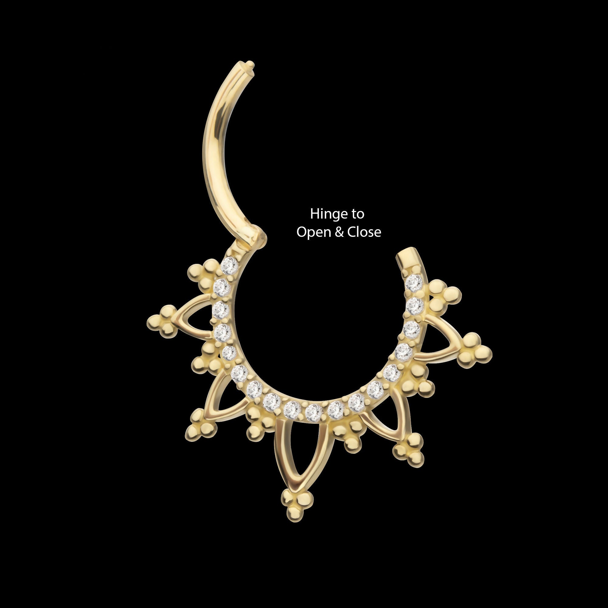 Beaded Edge with 1mm CNC Set Round Gem Front Facing Hinged Segment Clicker Hoop Earring / Nosering – 14Kt Gold