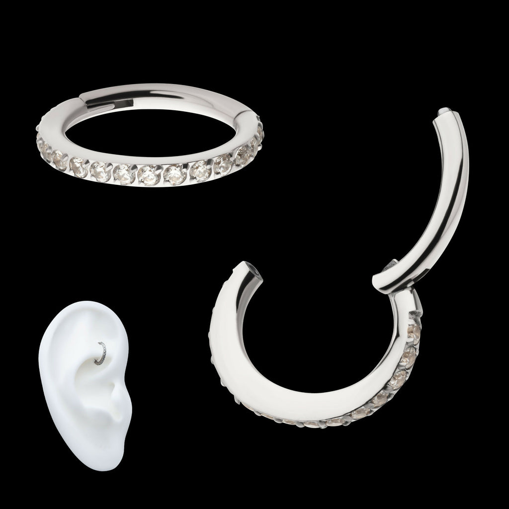 16g Titanium Oval Shape with CNC Set Full Clear CZ Hinged Segment Clicker (for Rook Piercing) Hoop Earring / Nosering