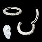 16g Titanium Oval Shape with CNC Set Full Clear CZ Hinged Segment Clicker (for Rook Piercing) Hoop Earring / Nosering
