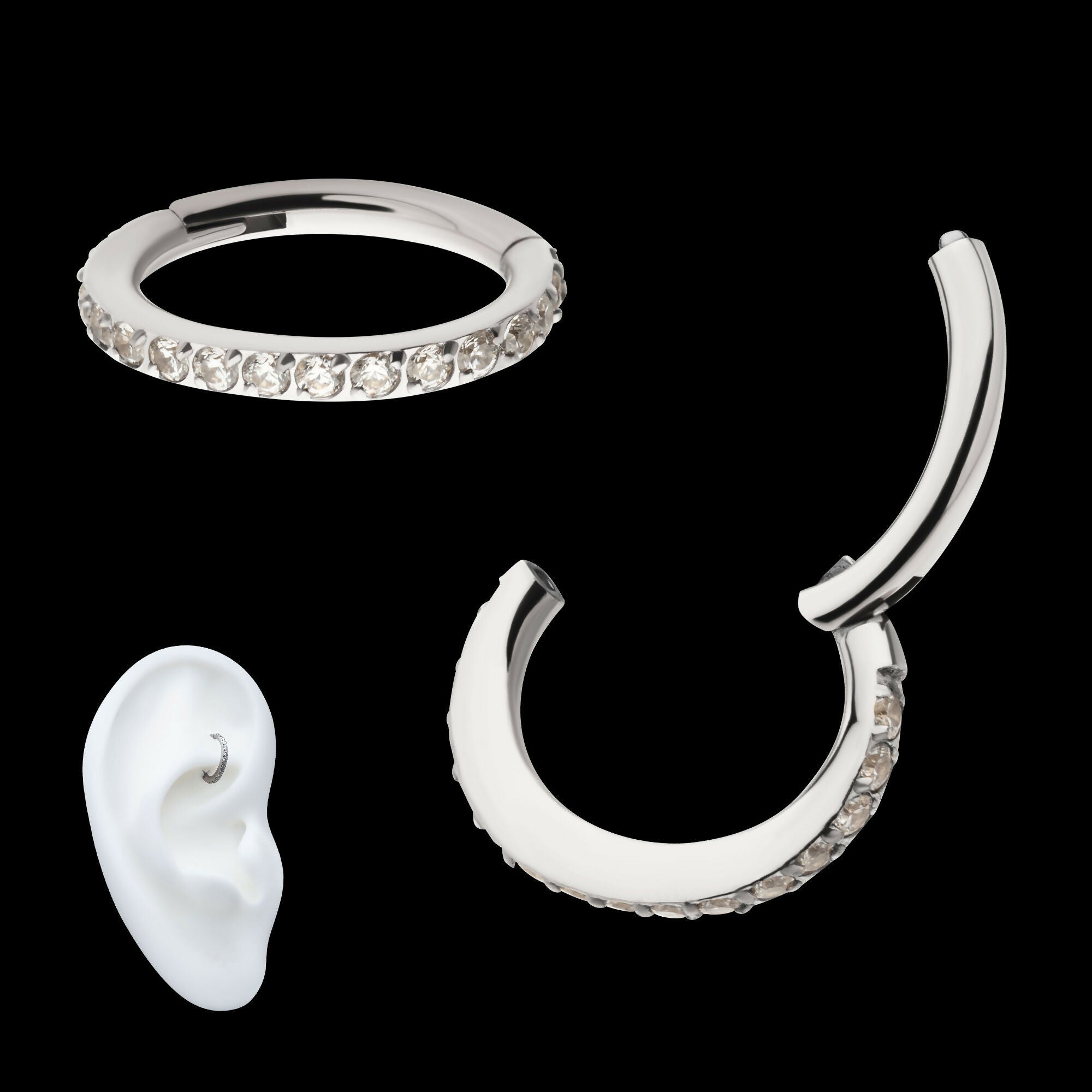 16g Titanium Oval Shape with CNC Set Full Clear CZ Hinged Segment Clicker (for Rook Piercing) Hoop Earring / Nosering