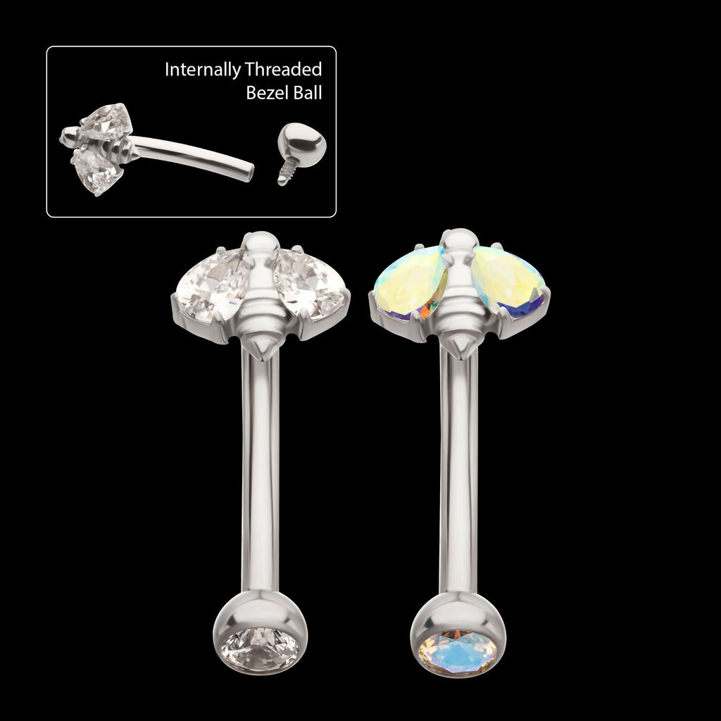 Internally Threaded Bee Fixed Top Curved Barbell with Prong Set Teardrop Gem Earring / Nosering – Titanium