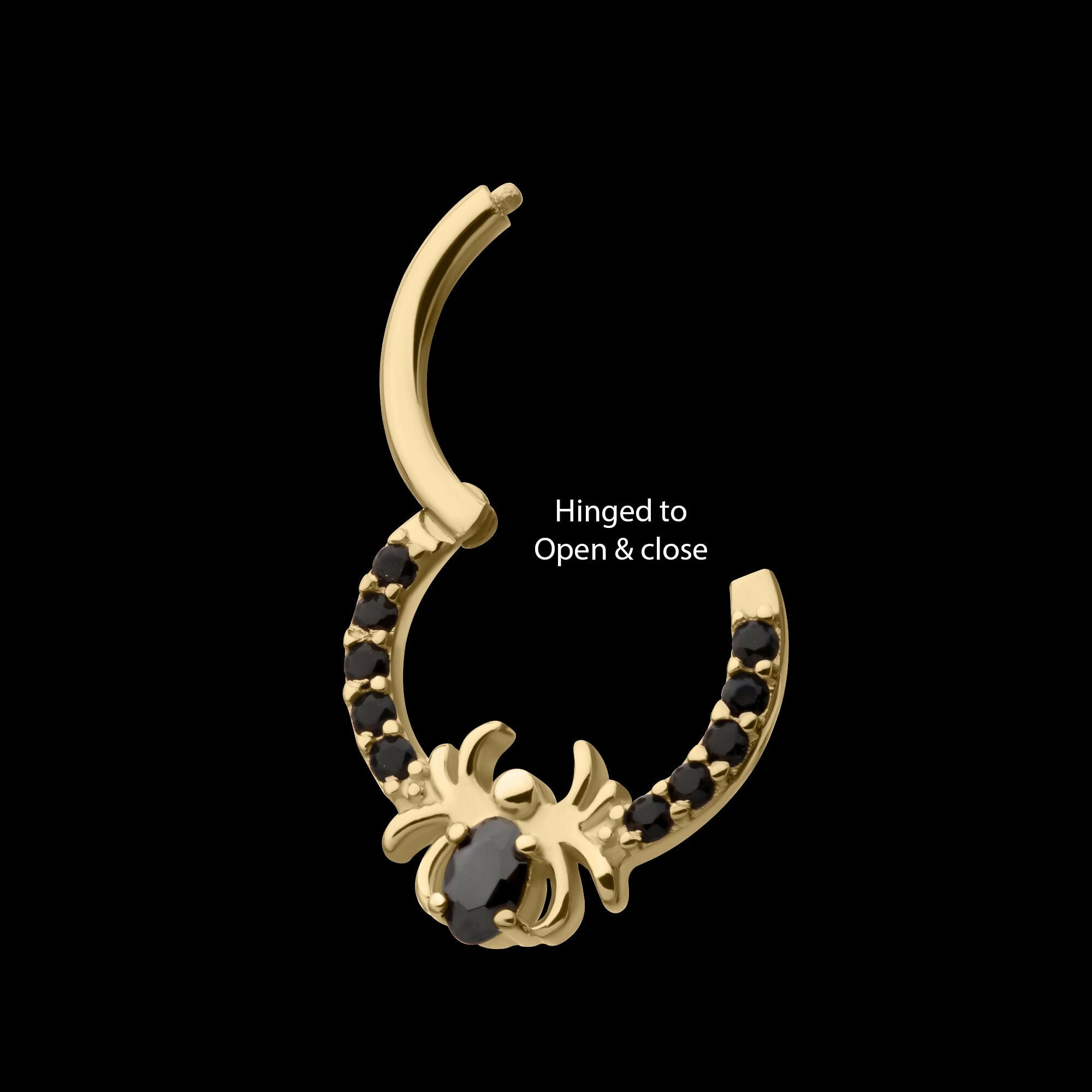 Gem Hoop with Prong Set Black Gem Spider Front Facing Hinged Segment Clicker Earring / Nosering – 14Kt Gold