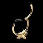 Pave Set Round Gem Double Star Side Facing Hinged Segment Clicker Hoop Earring / Nosering – 14Kt Yellow Gold