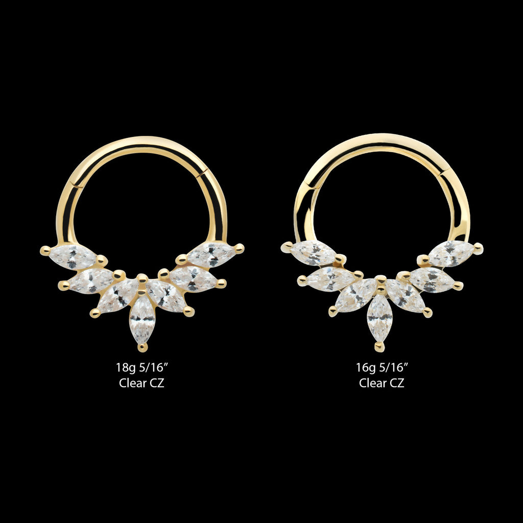 Pronged Marquise CZ 7-Cluster Wreath Hinged Segment Clicker Hoop Earring / Nosering – 14Kt Yellow Gold