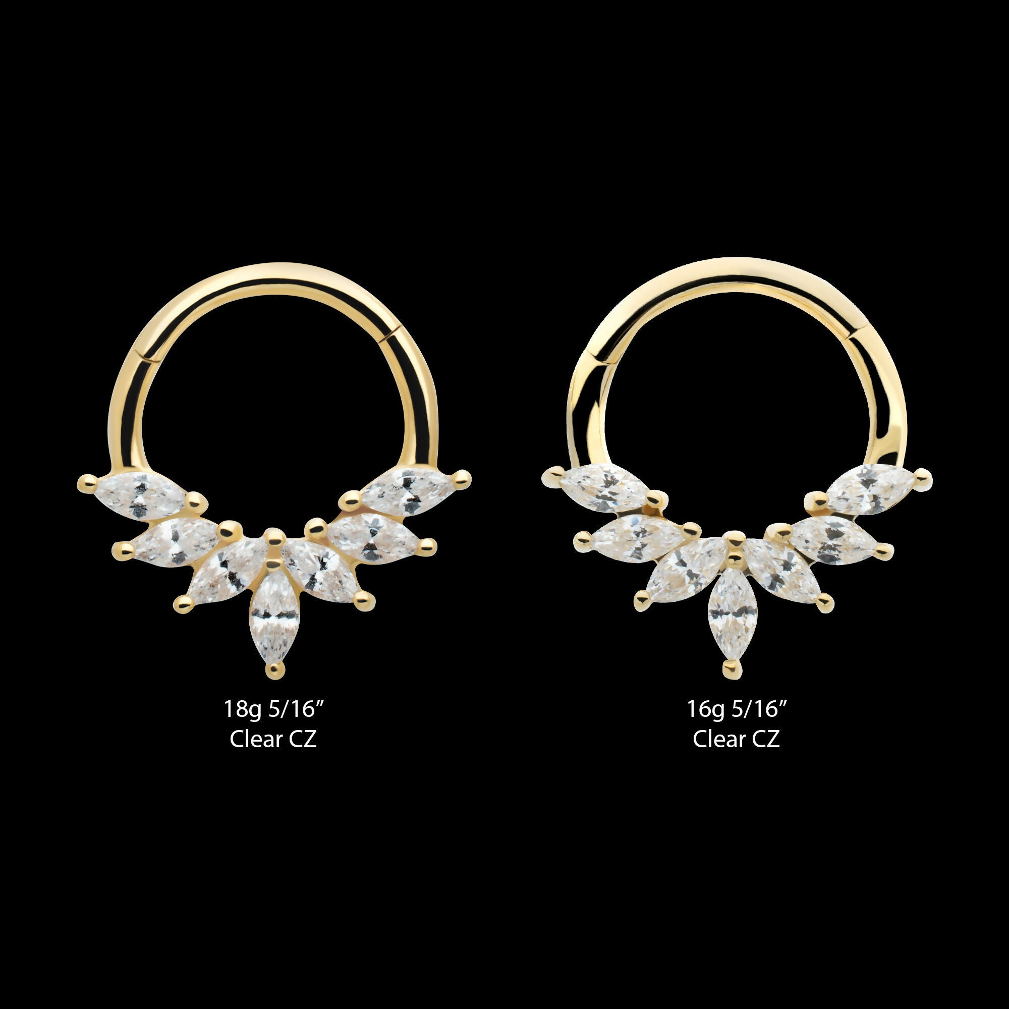 Pronged Marquise CZ 7-Cluster Wreath Hinged Segment Clicker Hoop Earring / Nosering – 14Kt Yellow Gold