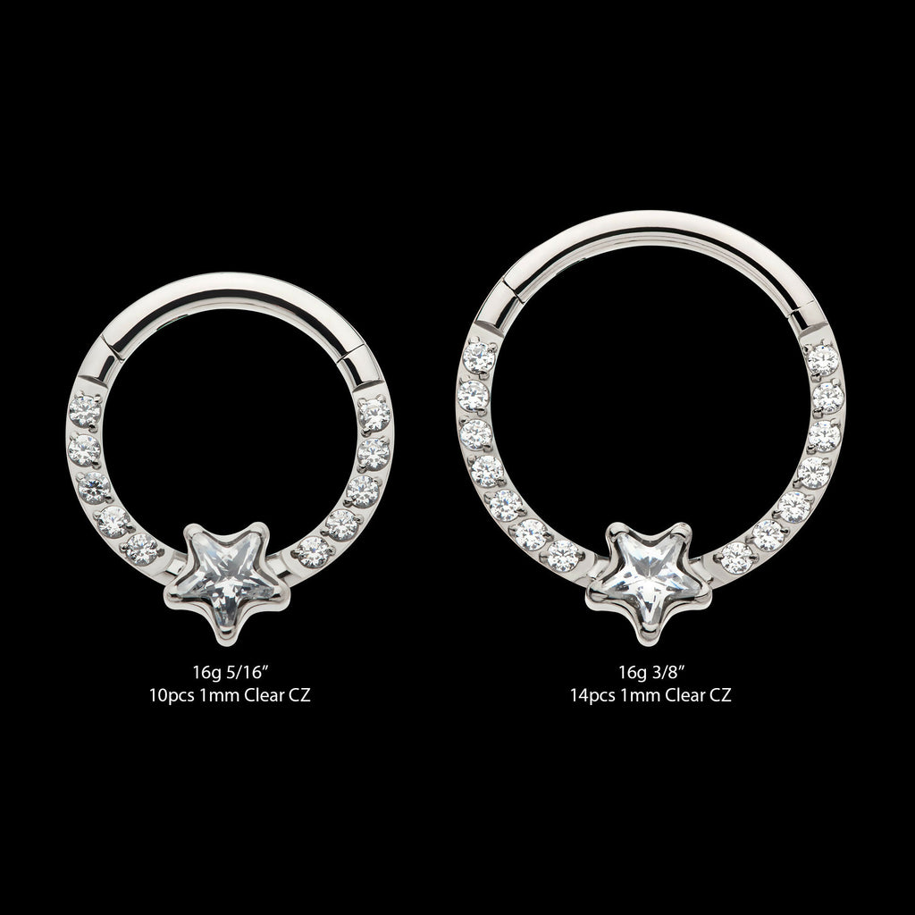 1mm CNC Set Full Clear CZ & Big Star CZ Front Facing Hinged Segment Clicker Hoop Earring / Nosering – Titanium