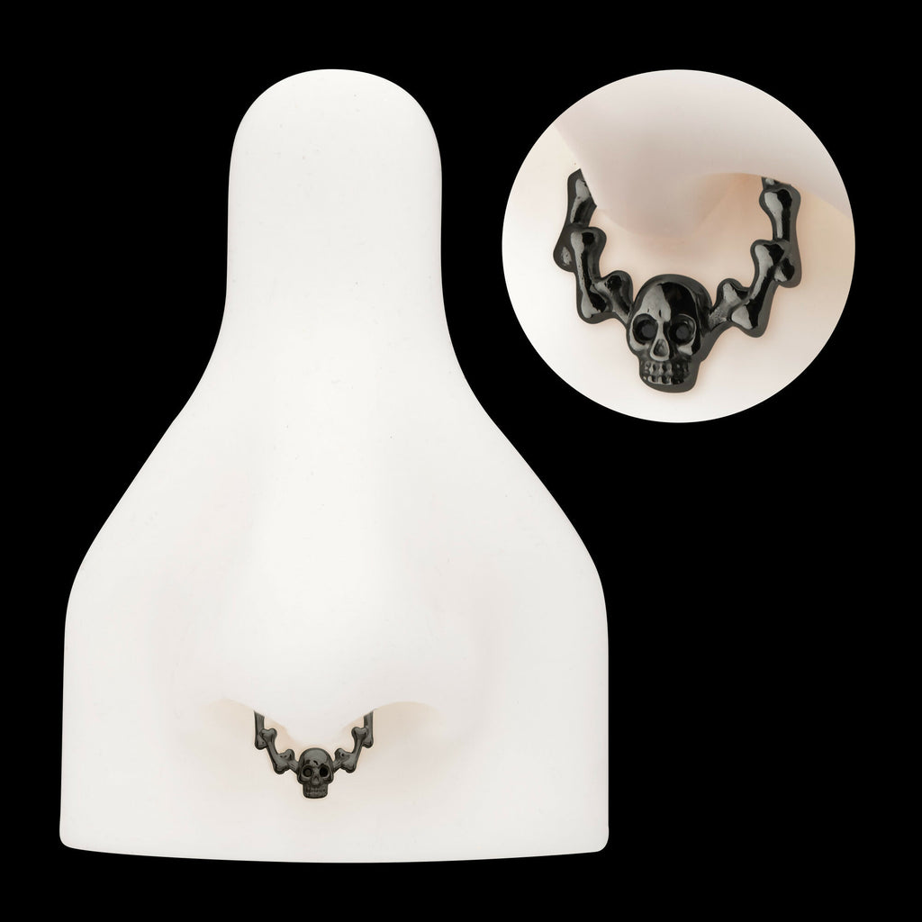 Black PVD Titanium Skull & Bone with Black CZ Gem Eyes Front Facing Hinged Segment Clicker Hoop Earring / Nosering