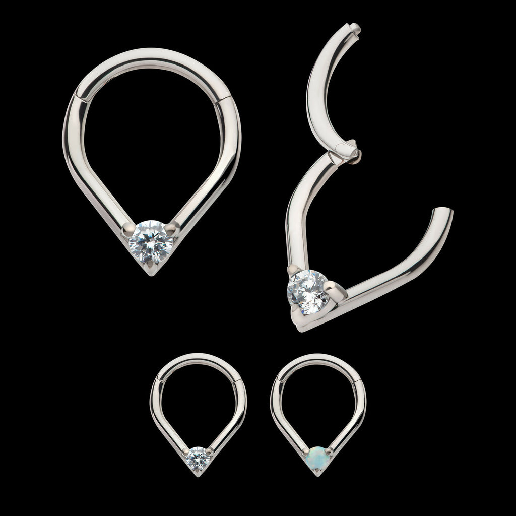 Prong Set Round CZ/Opal Front Facing Hinged Segment Clicker Hoop Earring / Nosering – Titanium