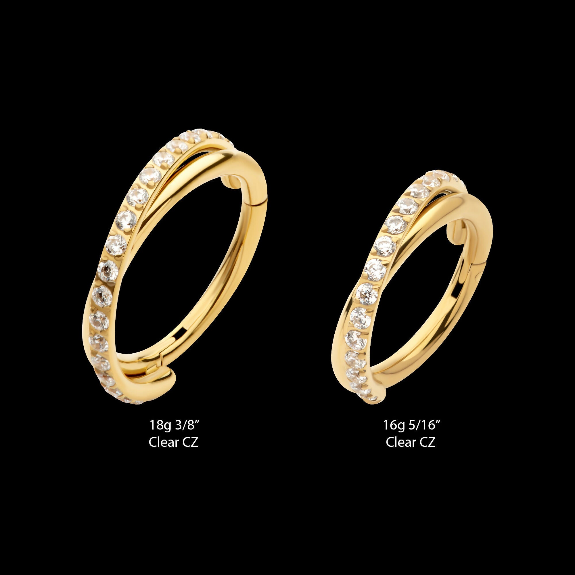 24Kt Gold PVD Titanium Double Hoop Side Facing Hinged Segment Clicker with CNC Set Round CZ Earring / Nosering