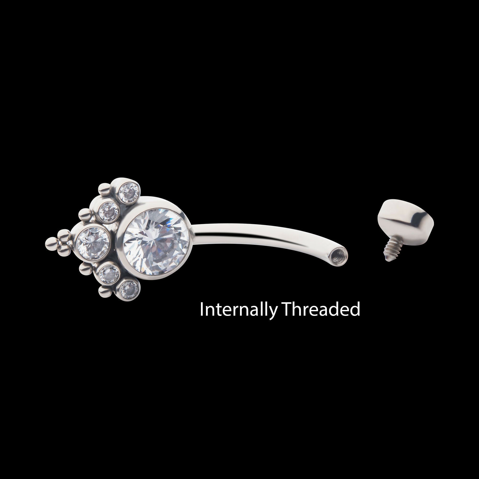 Internally Threaded with Tri Bead Bezel Set CZ Terraced Cluster Navel Curve Earring / Nosering – Titanium