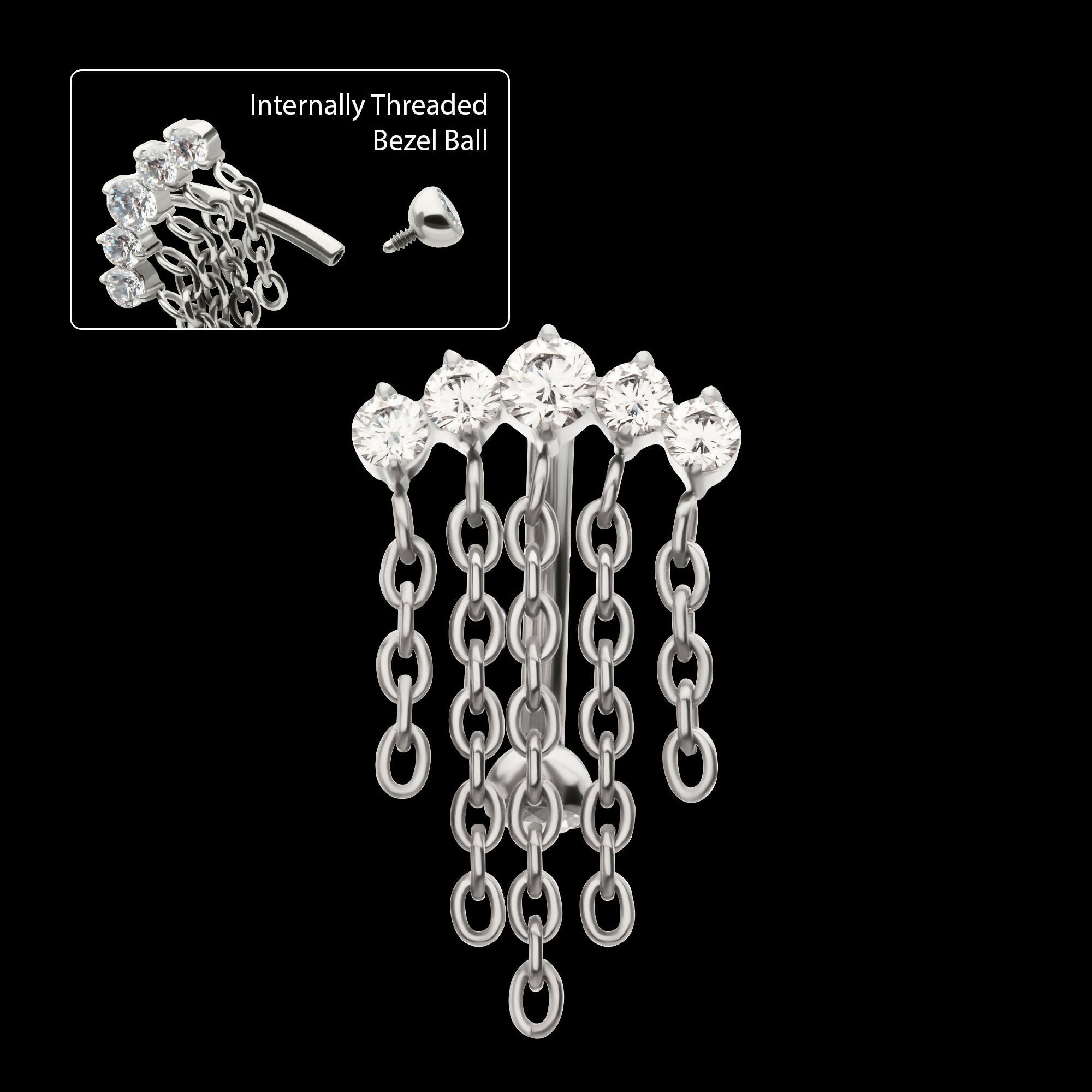 Internally Threaded 5-Cluster Prong Gem Fixed Top Curved Barbell with 5 Chain Dangle Earring / Nosering – Titanium