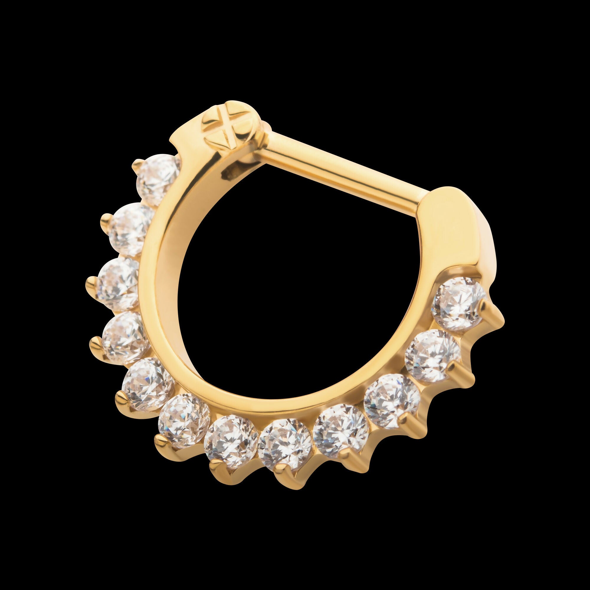 24KT Gold PVD Titanium Pave Set Clear CZ Cluster Septum Clicker Hoop Earring / Nosering