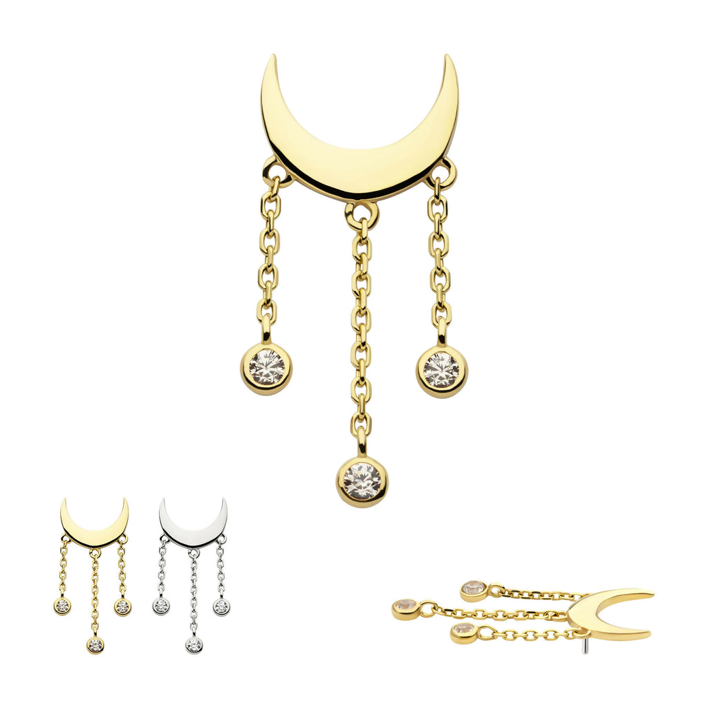 Crescent Moon with Bezel Set CZ Dangle Triple Chain Flatback Stud Earring / Nosering - CZ in 14Kt Gold