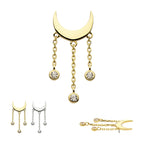 Crescent Moon with Bezel Set CZ Dangle Triple Chain Flatback Stud Earring / Nosering - CZ in 14Kt Gold