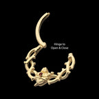 Sacred Heart with Dagger Crown of Thorns Garnet Bezel Gem Front Facing Hinged Segment Clicker Hoop Earring / Nosering – 14Kt Yellow Gold