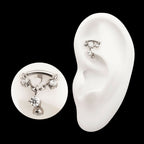 Internally Threaded Fixed Top Curved Barbell with Triple Floating Prong Gem Dangle Earring / Nosering – Titanium