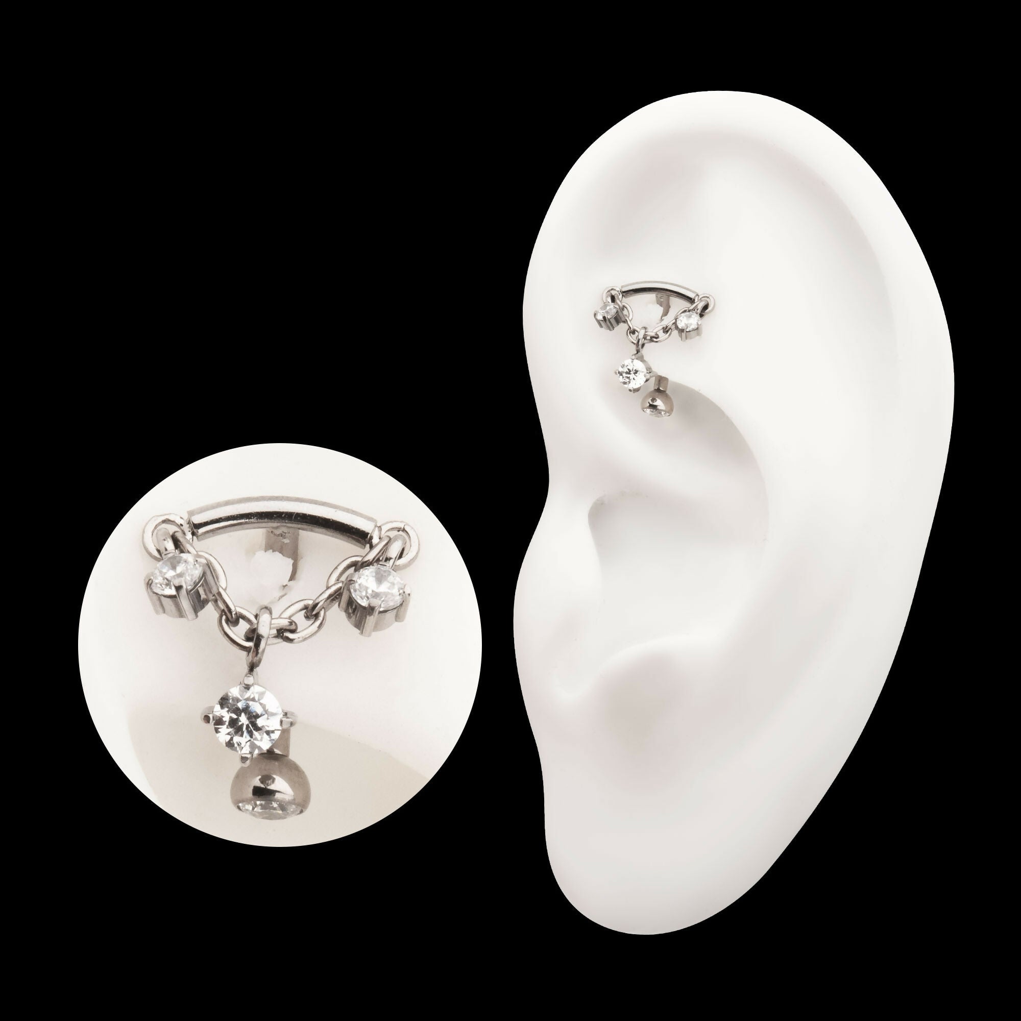 Internally Threaded Fixed Top Curved Barbell with Triple Floating Prong Gem Dangle Earring / Nosering – Titanium