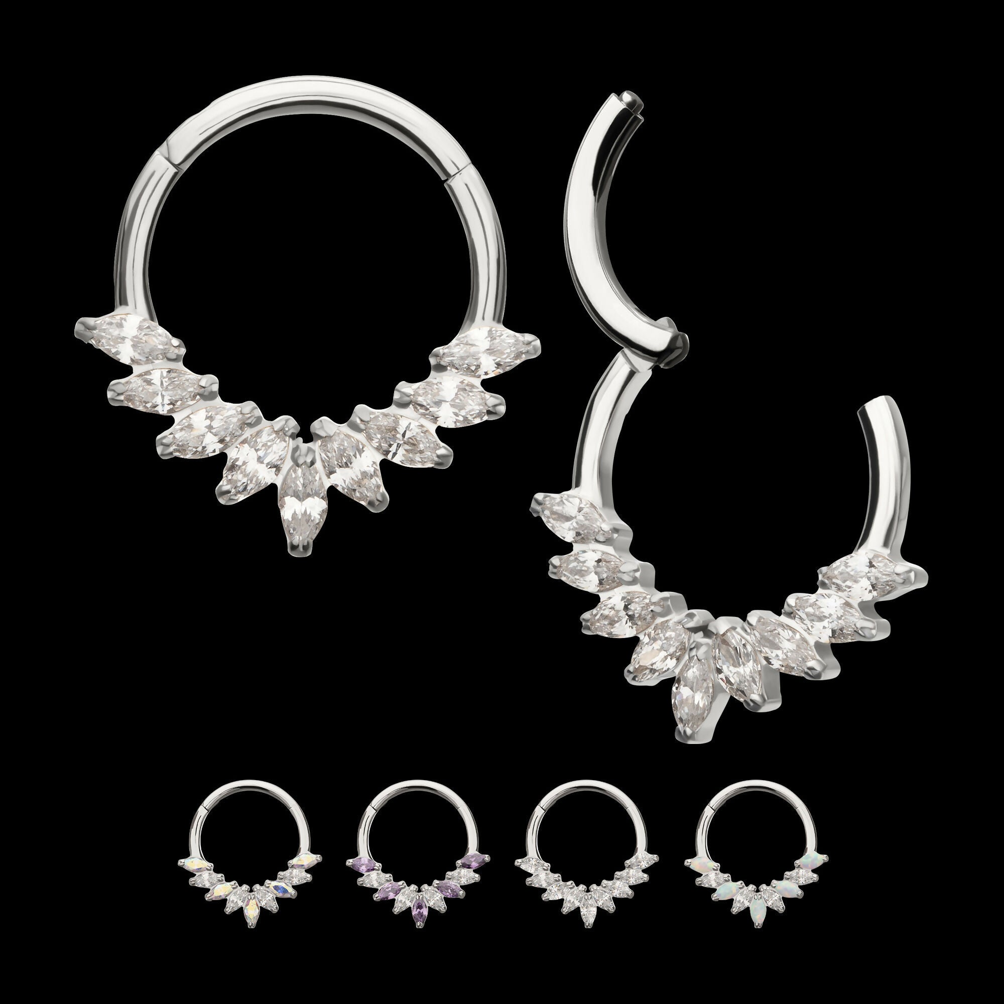 9 Gem Marquise Cluster Front Facing Hinged Segment Clicker Hoop Earring / Nosering – Titanium