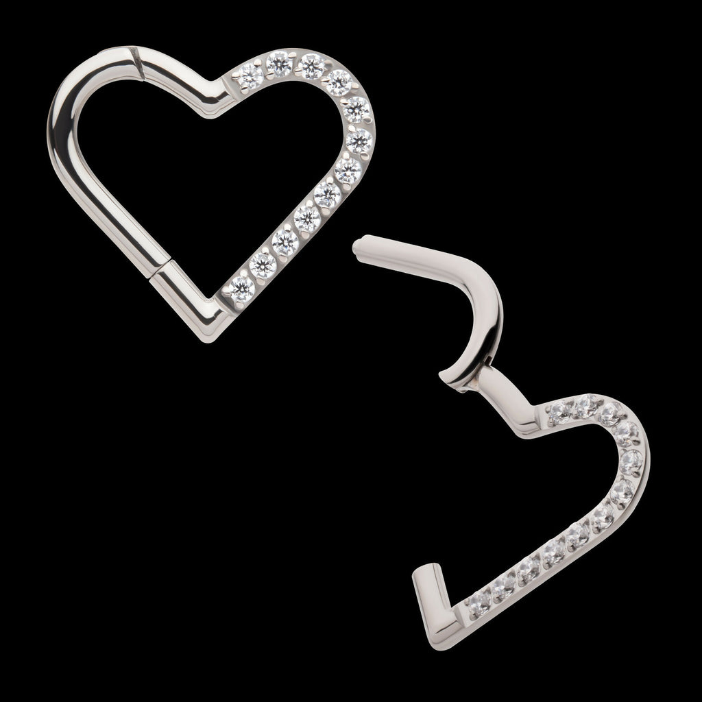CNC Set Gem Heart Front Facing Hinged Segment Clicker (For Left Ear) Hoop Earring / Nosering – Titanium