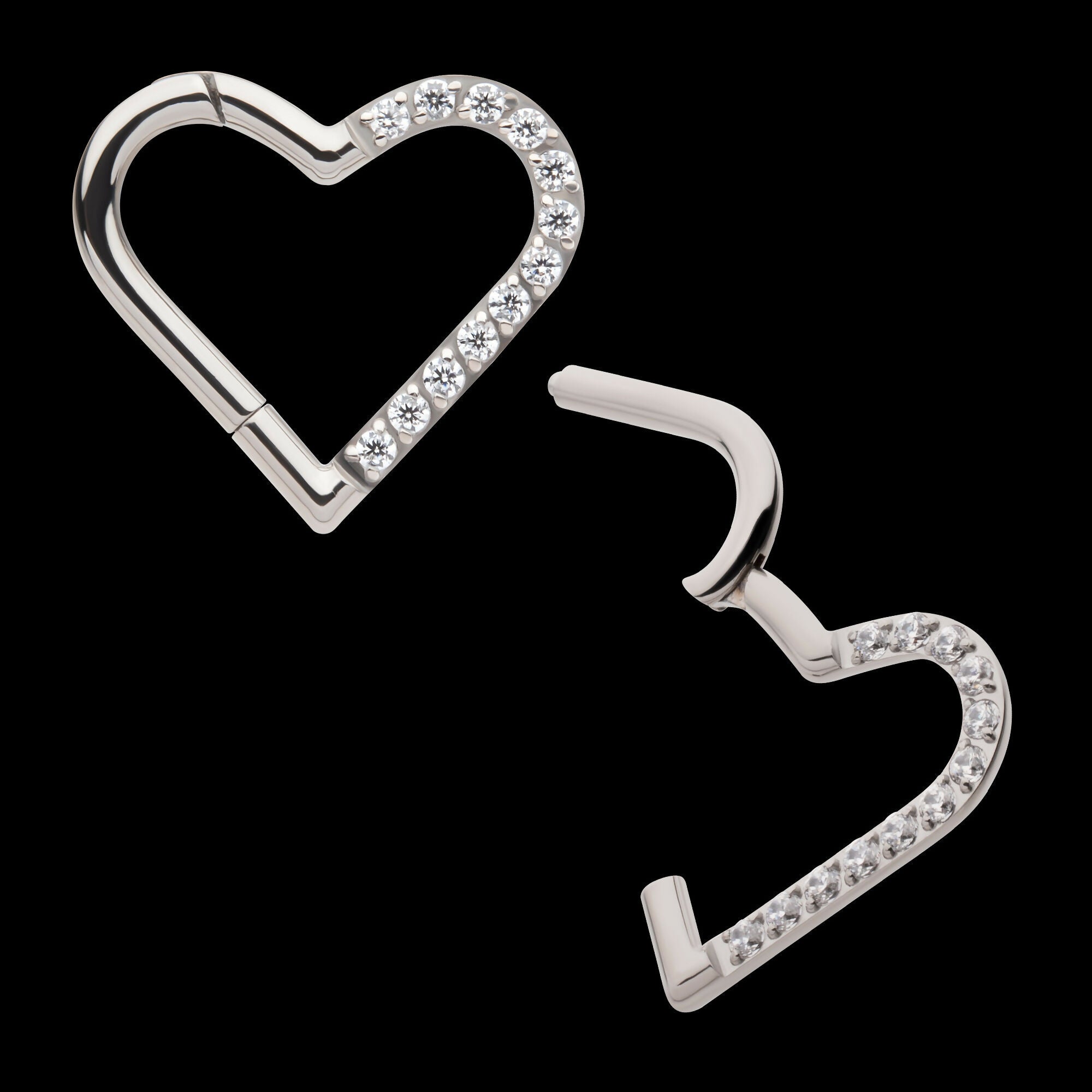 CNC Set Gem Heart Front Facing Hinged Segment Clicker (For Left Ear) Hoop Earring / Nosering – Titanium