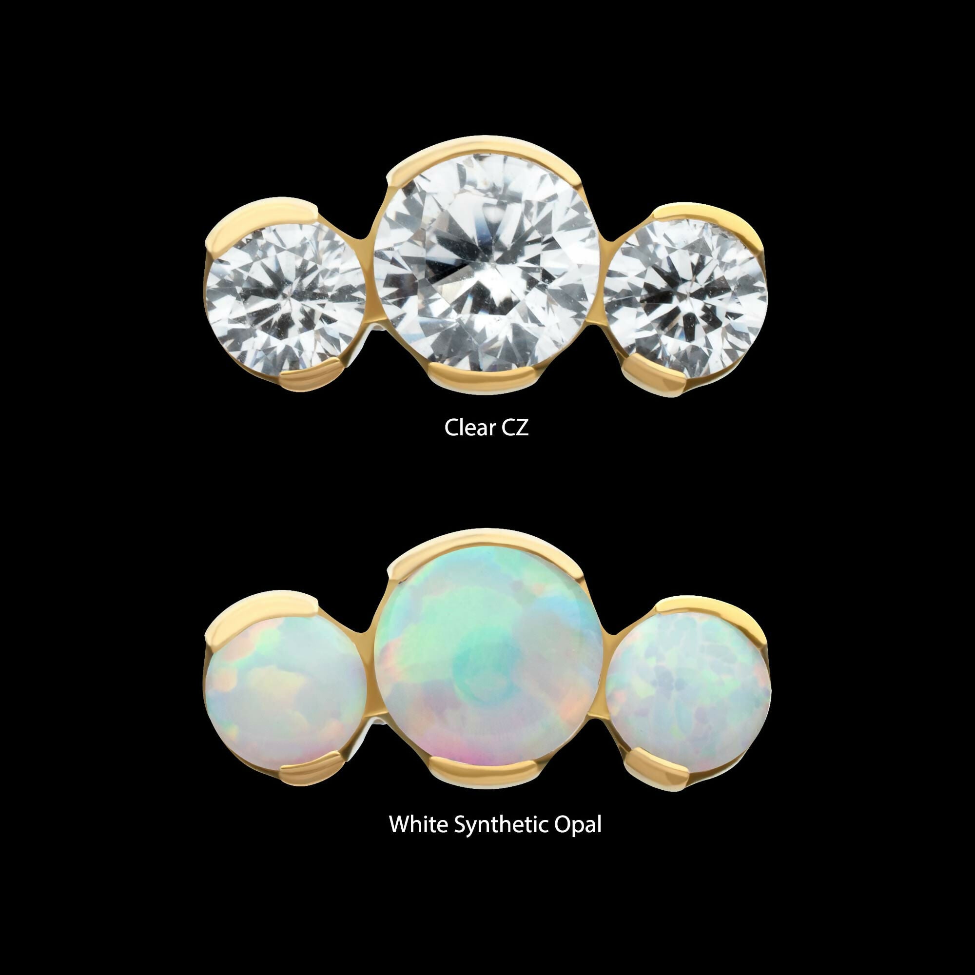 24Kt Gold PVD Titanium Threadless Semi-Bezel Set Round Gem/Opal 3-Cluster Top