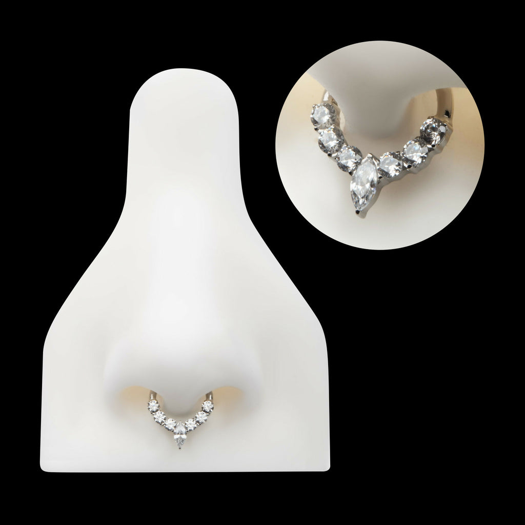Clustered Prong Set Round CZ with Center Marquise CZ Front Facing Hinged Segment Clicker Hoop Earring / Nosering – Titanium