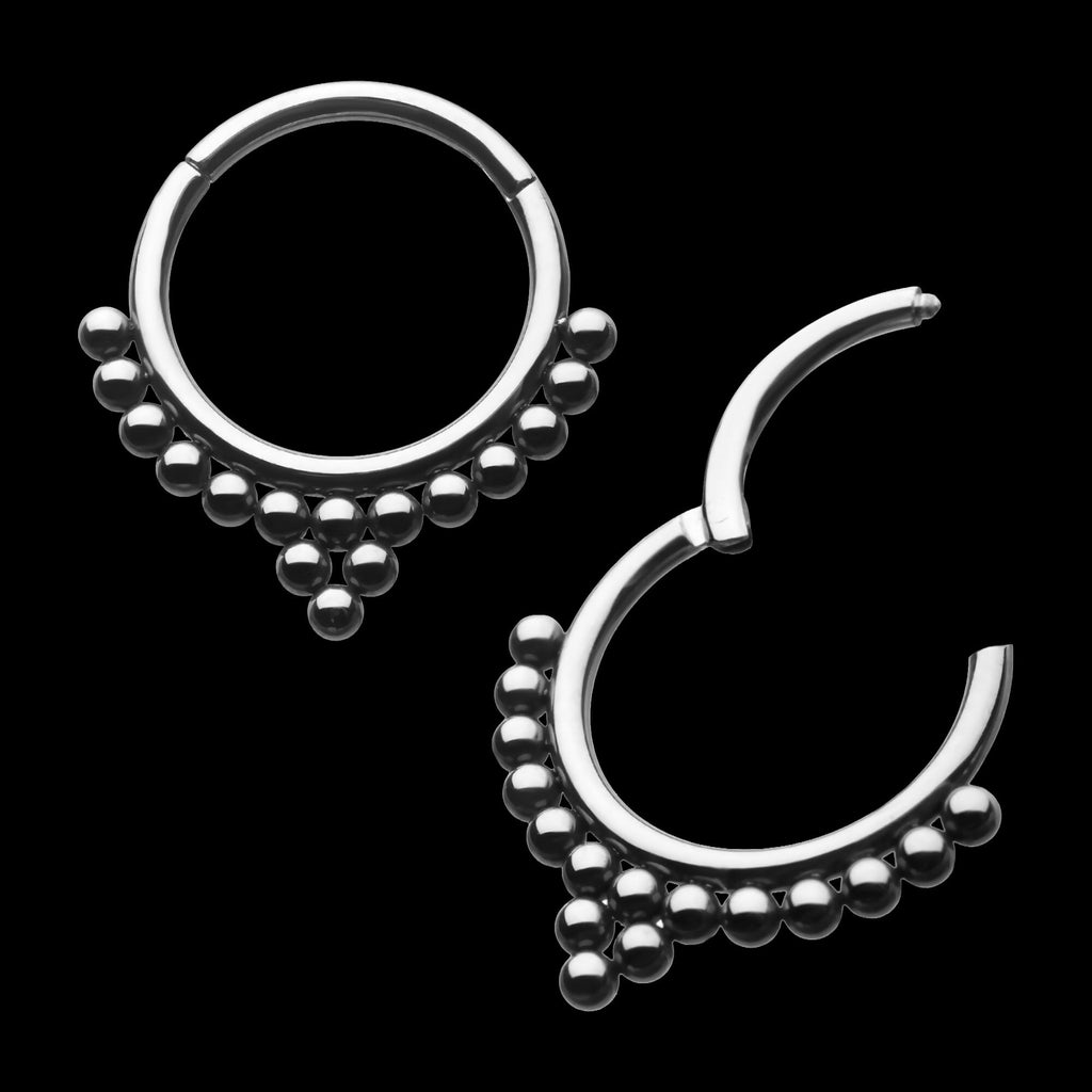 1 Tri-Bead Cluster and 13 Beads Hinged Segment Clicker Hoop Earring / Nosering – Titanium