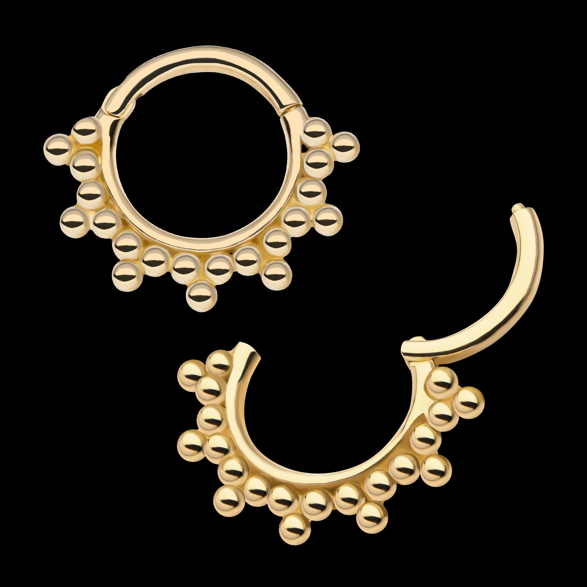7-Cluster Tri Beads Front Facing Hinged Segment Clicker Hoop Earring / Nosering – 14Kt Yellow Gold