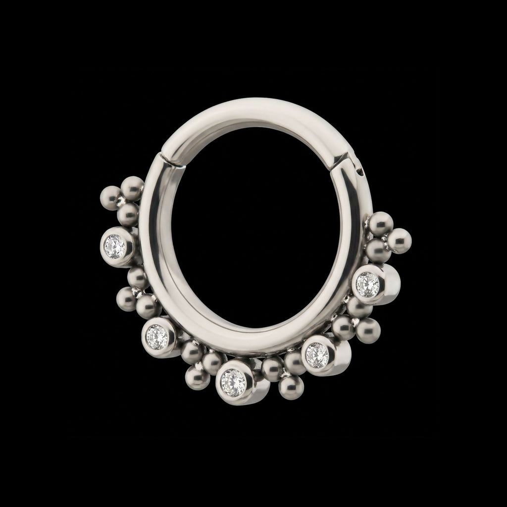 Alternating Bezel Set CZ & Trio Beads Cluster Front Facing Hinged Segment Clicker Hoop Earring / Nosering – Titanium