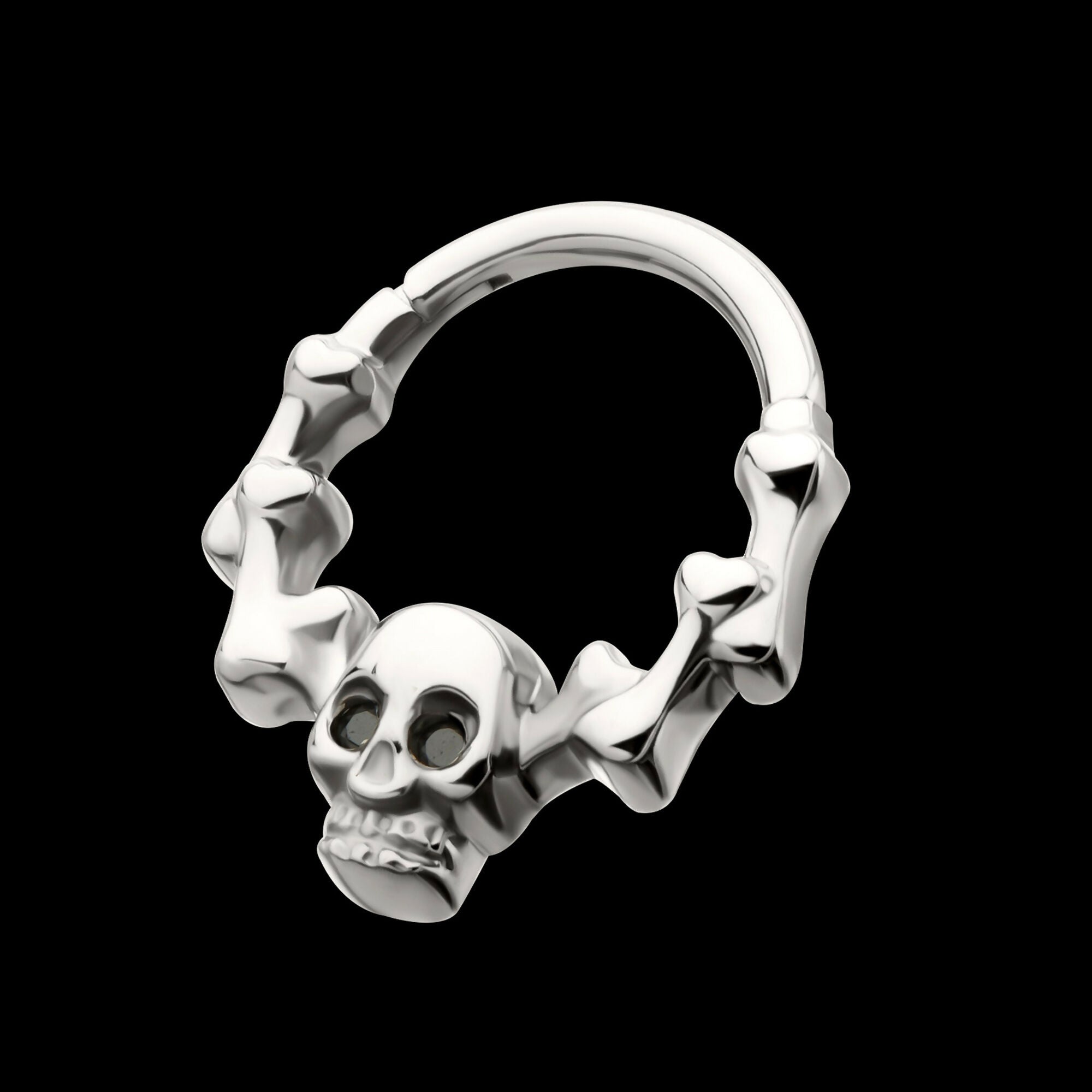 Skull & Bone with Black CZ Gem Eyes Front Facing Hinged Segment Clicker Hoop Earring / Nosering – Titanium