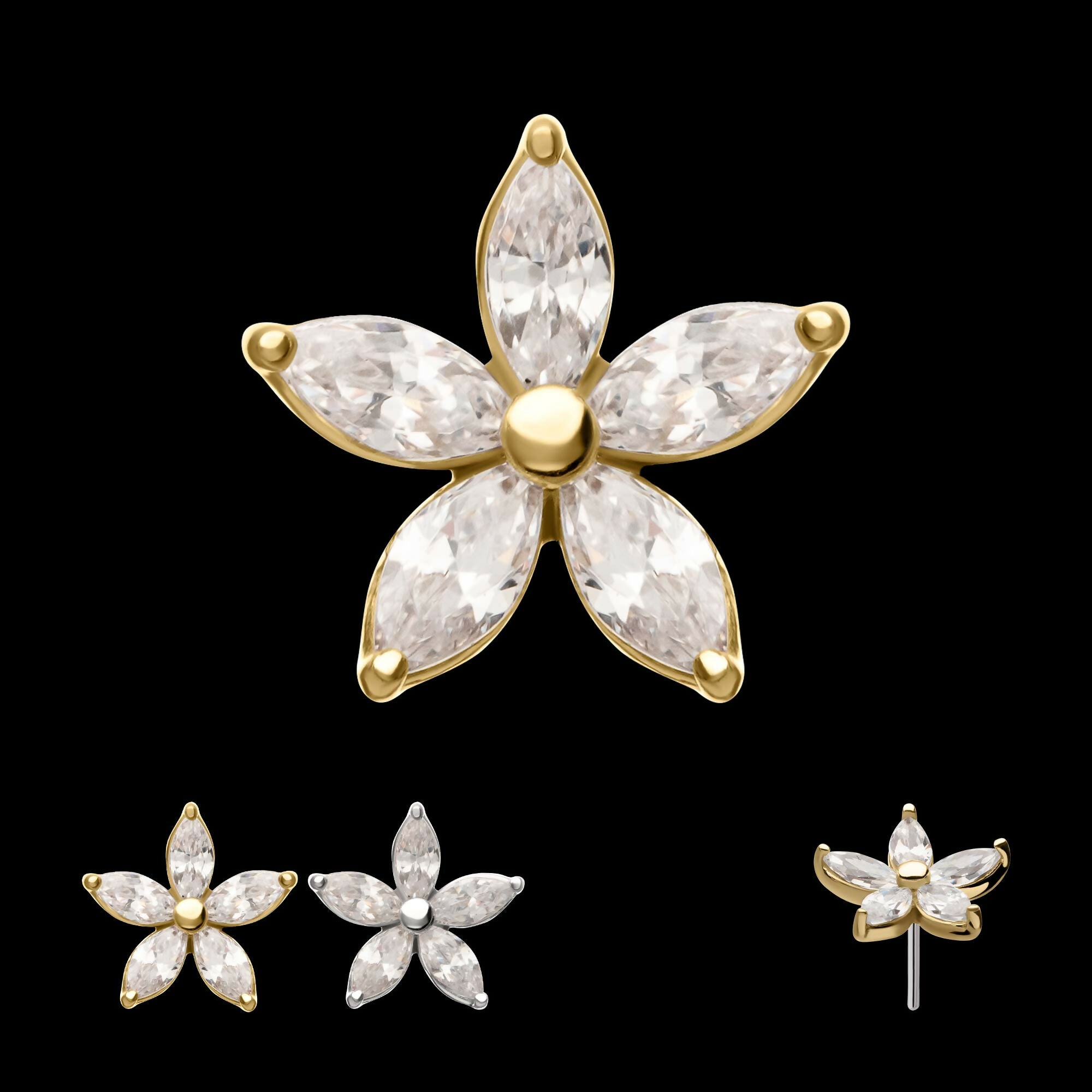 14Kt Gold Threadless Flower Top with 5 Petal Marquise Prong Set Gem