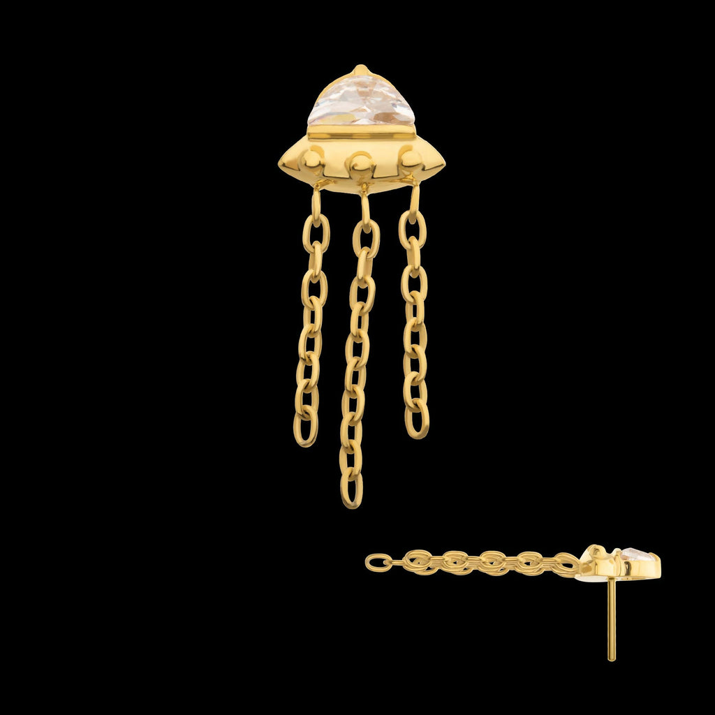 24KT Gold PVD Titanium Threadless 3D UFO Gem Top with Small Triple Chain Dangle