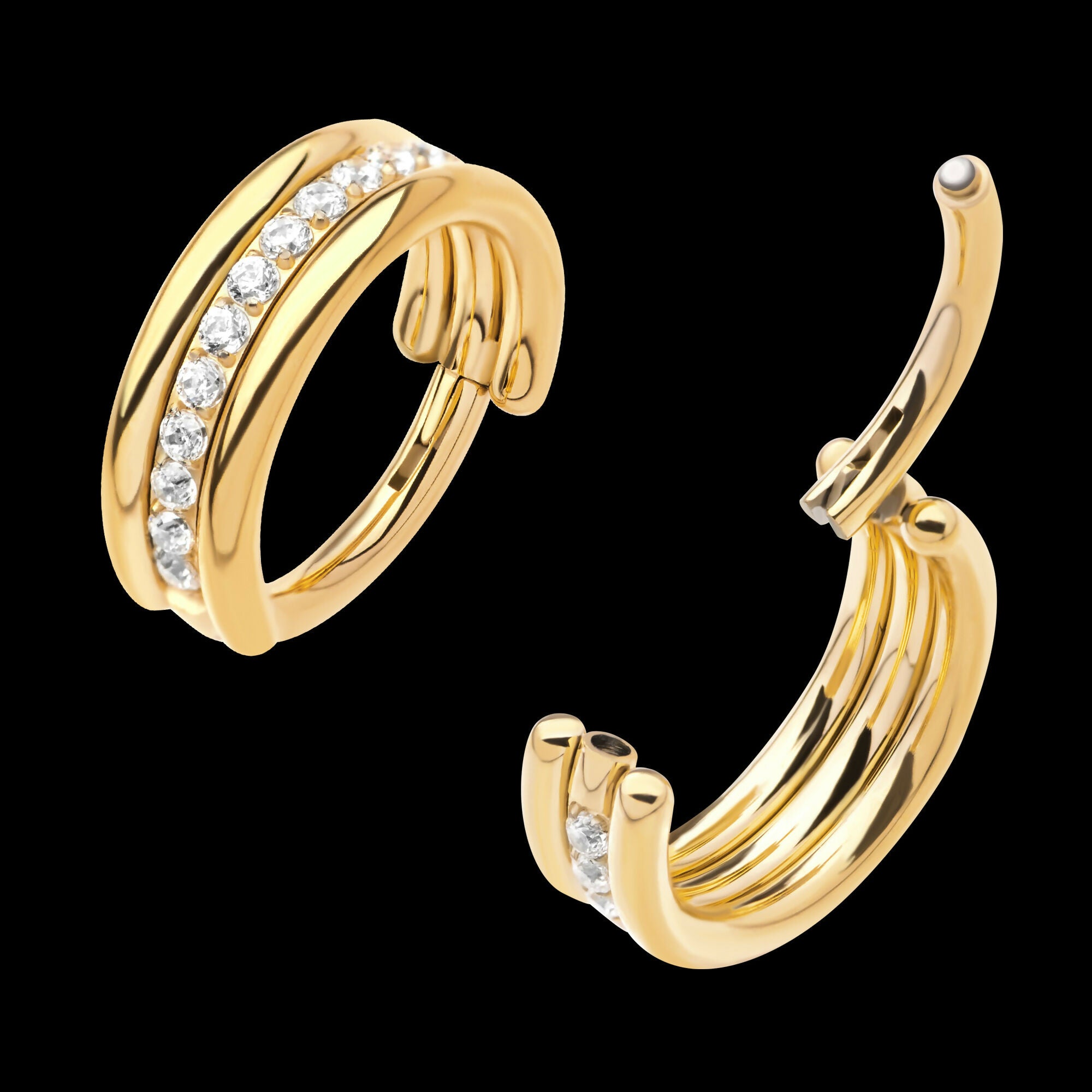 24Kt Gold PVD Titanium Triple Stacked with CNC Set CZ Center Line Side Facing Hinged Segment Clicker Hoop Earring / Nosering