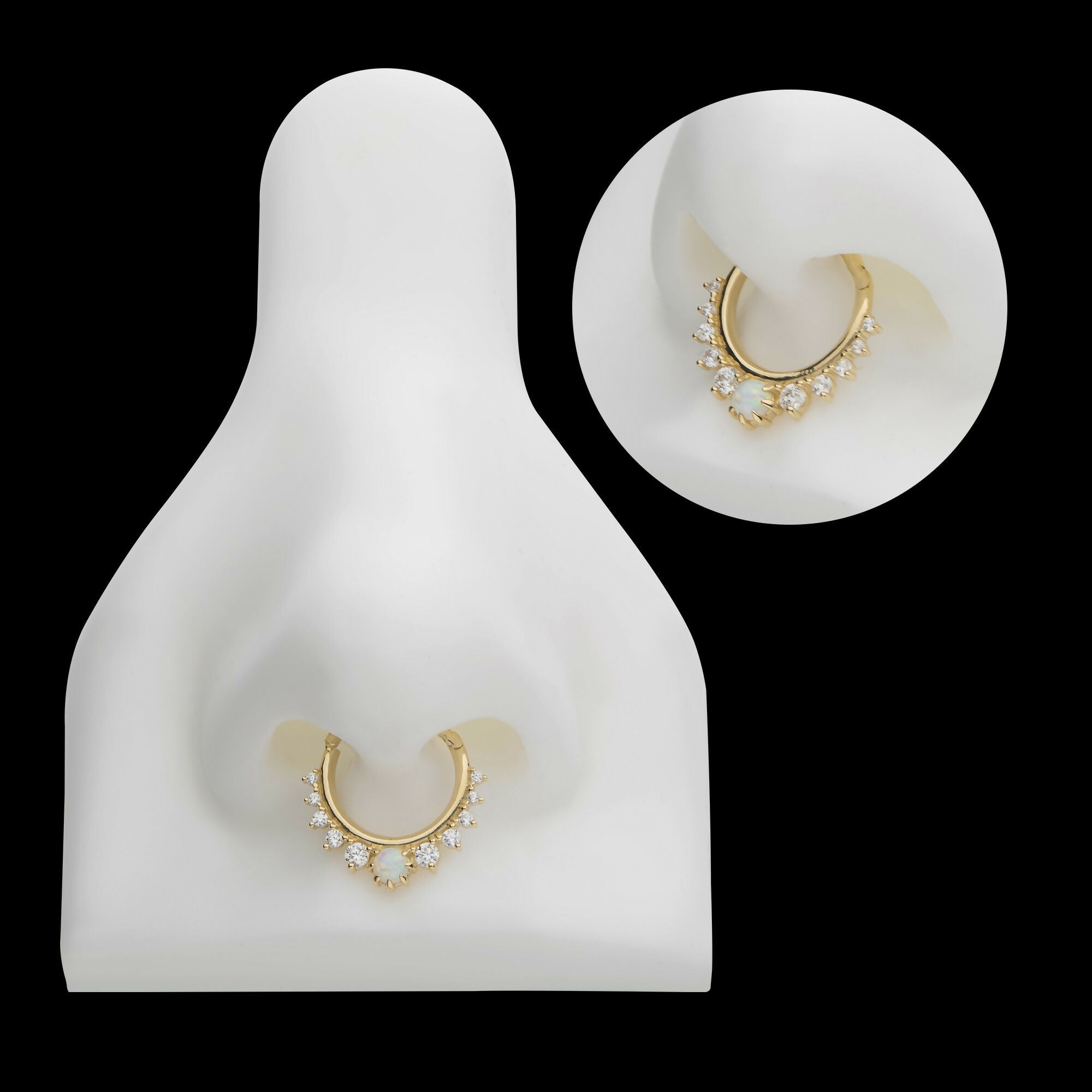Prong Set Gem Cluster with 3mm White Opal Front Facing Hinged Segment Clicker Hoop Earring / Nosering – 14Kt Gold
