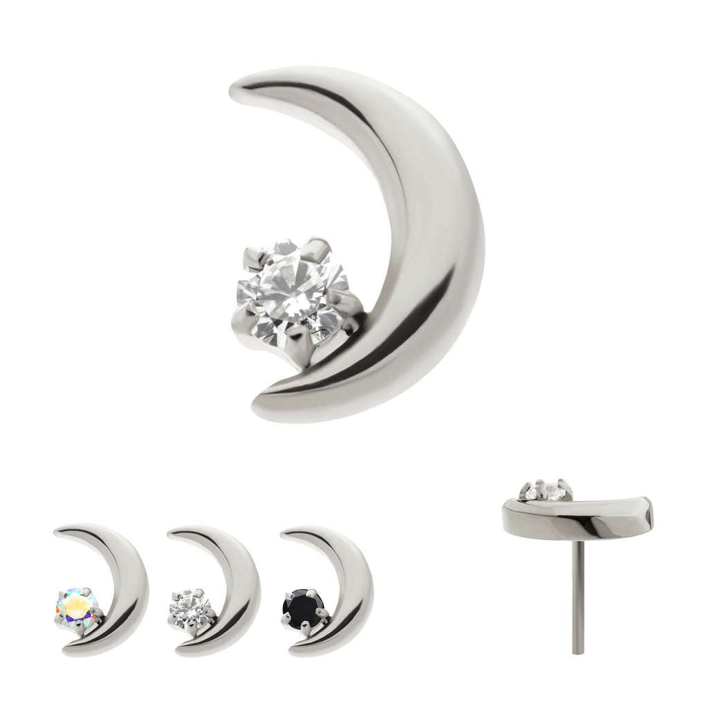 Crescent Moon with Prong Set CZ Flatback Stud Earring / Nosering - CZ in Titanium