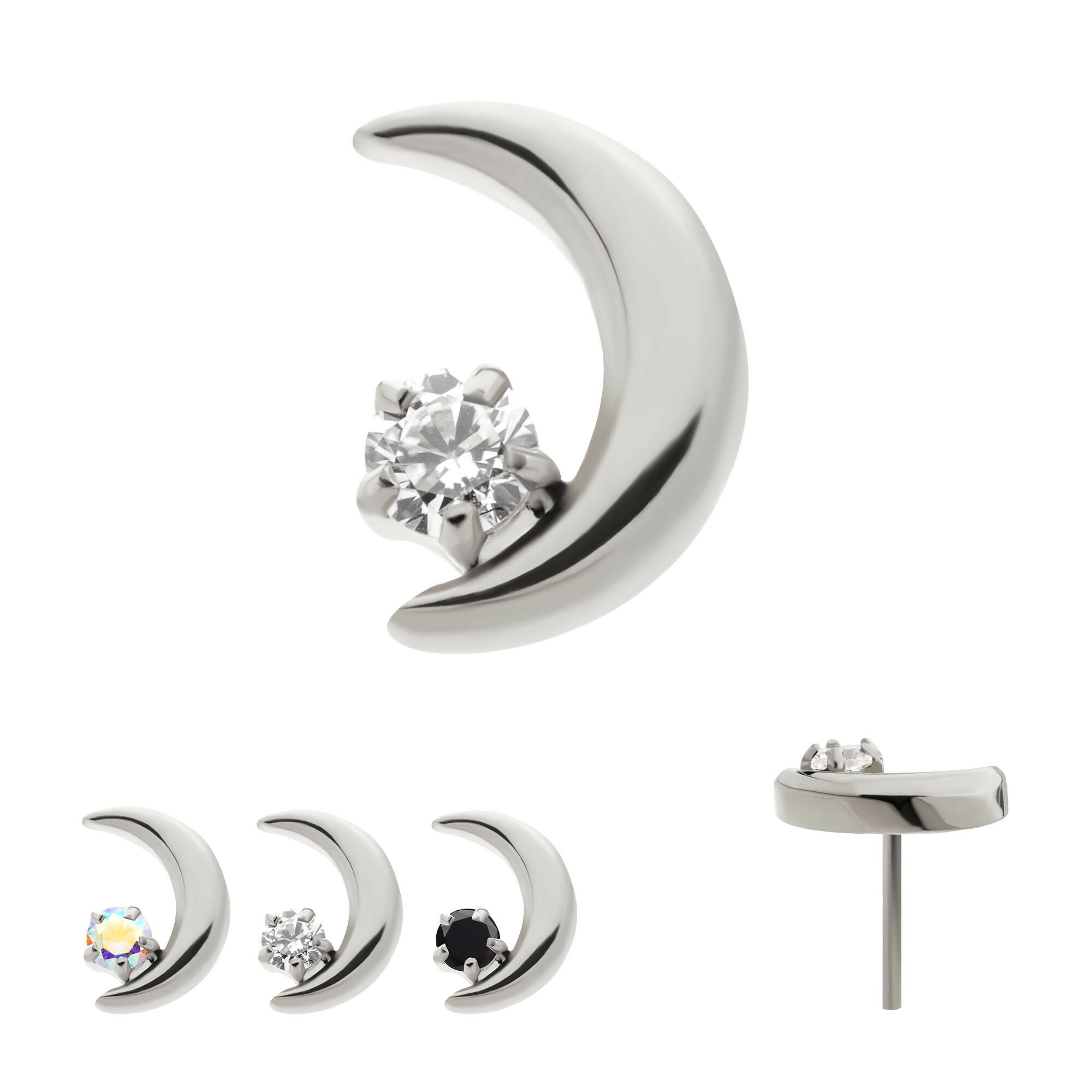 Crescent Moon with Prong Set CZ Flatback Stud Earring / Nosering - CZ in Titanium