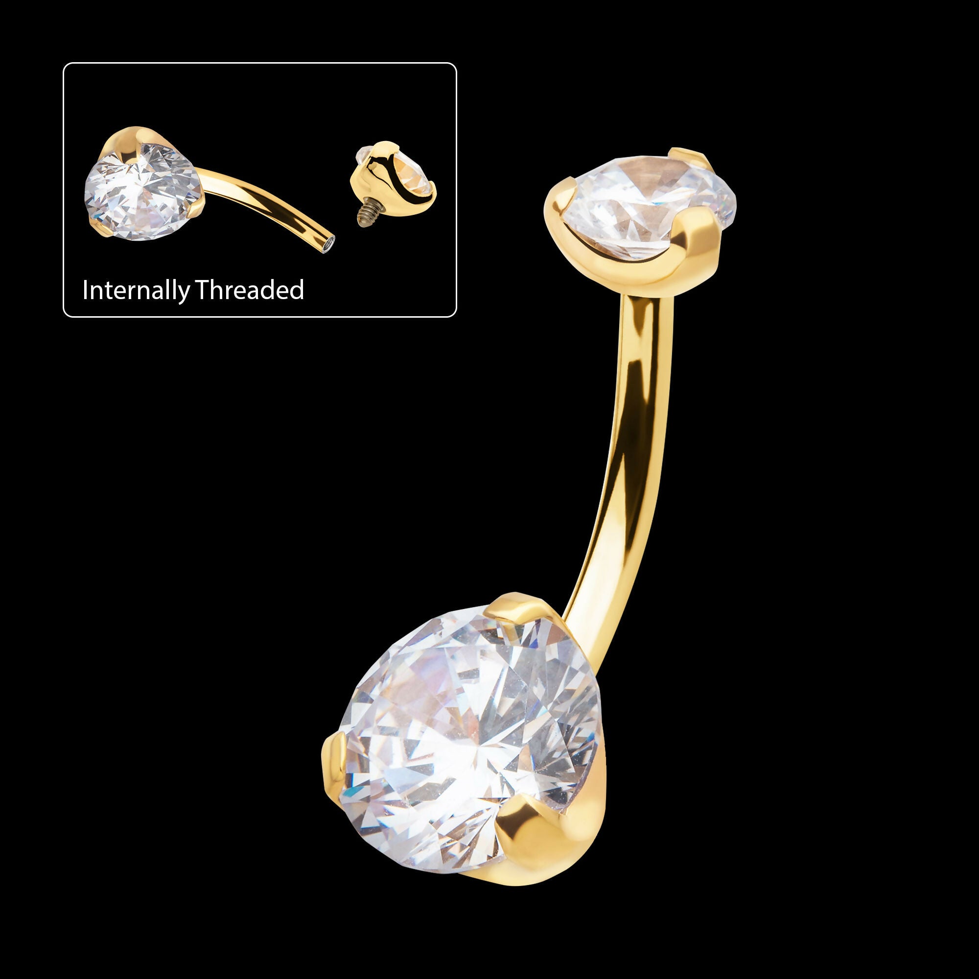 24KT Gold PVD Titanium Internally Threaded Double Prong Set Clear CZ Fixed Bottom Navel Earring / Nosering