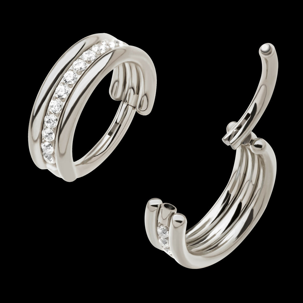 Triple Stacked with CNC Set CZ Center Line Side Facing Hinged Segment Clicker Hoop Earring / Nosering – Titanium
