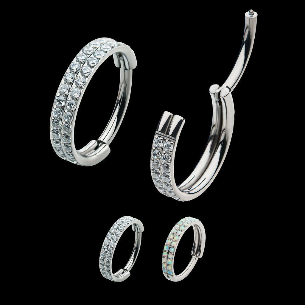 Double Row Prong Set Round CZ/Opal Side Facing Hinged Segment Clicker Hoop Earring / Nosering – Titanium