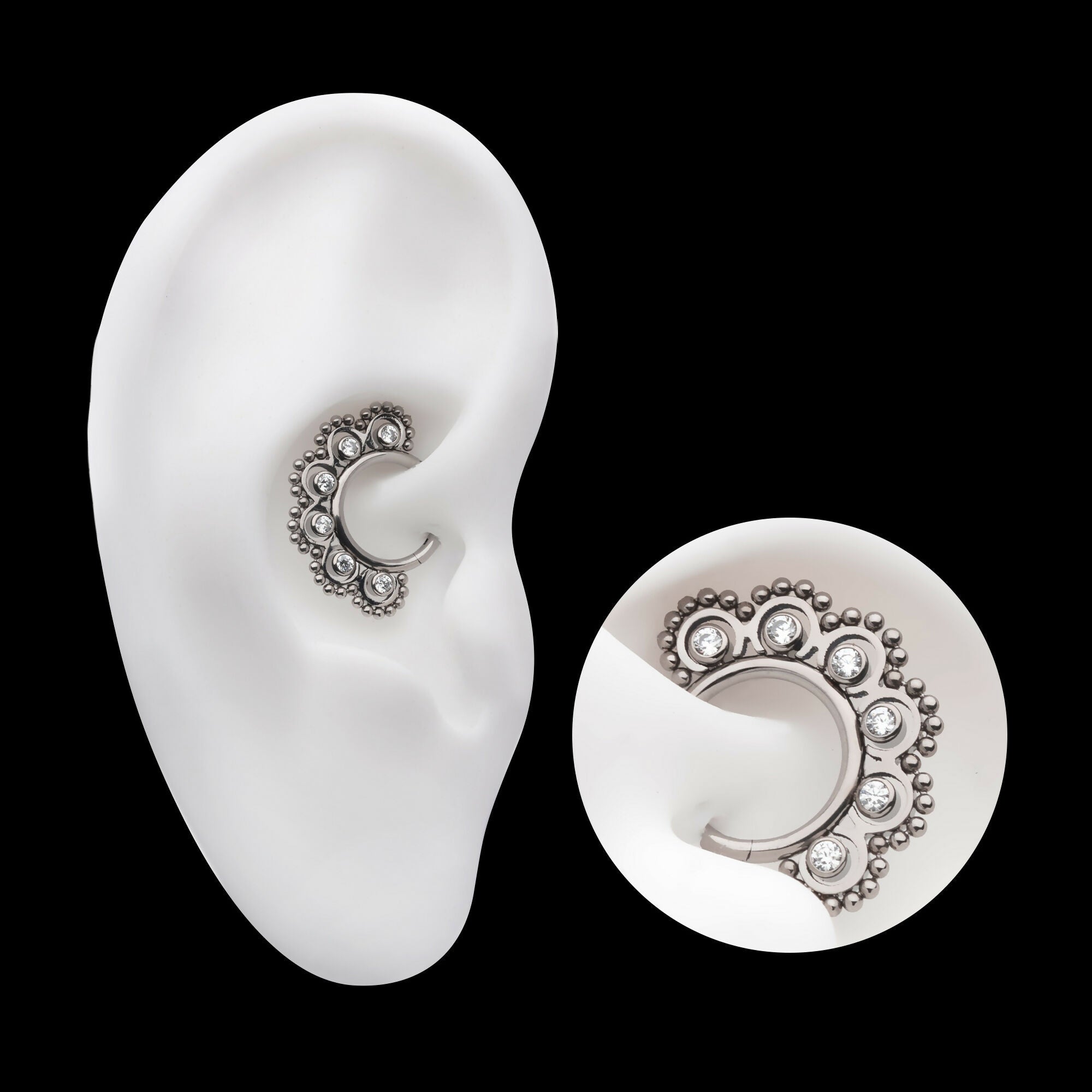 Beads & 6-Bezel Set Gem Front Facing Hinged Segment Clicker Hoop Earring / Nosering – Titanium