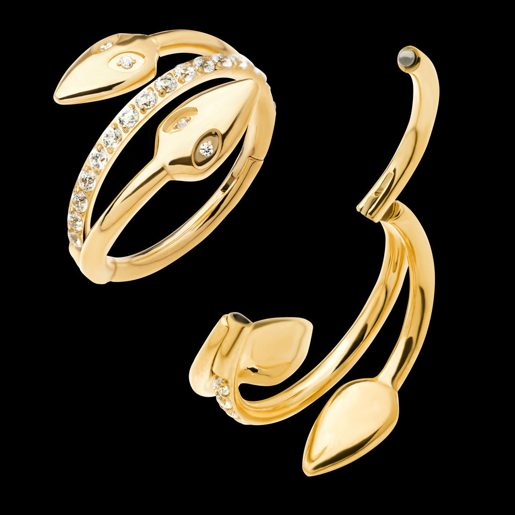 24Kt Gold PVD Titanium Double Ended Twist Side Facing Hinged Segment Clicker with Clear CZ Snake Heads Hoop Earring / Nosering