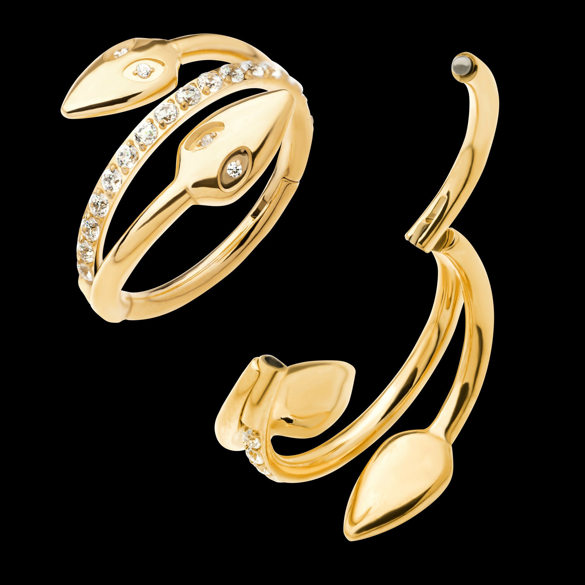24Kt Gold PVD Titanium Double Ended Twist Side Facing Hinged Segment Clicker with Clear CZ Snake Heads Hoop Earring / Nosering