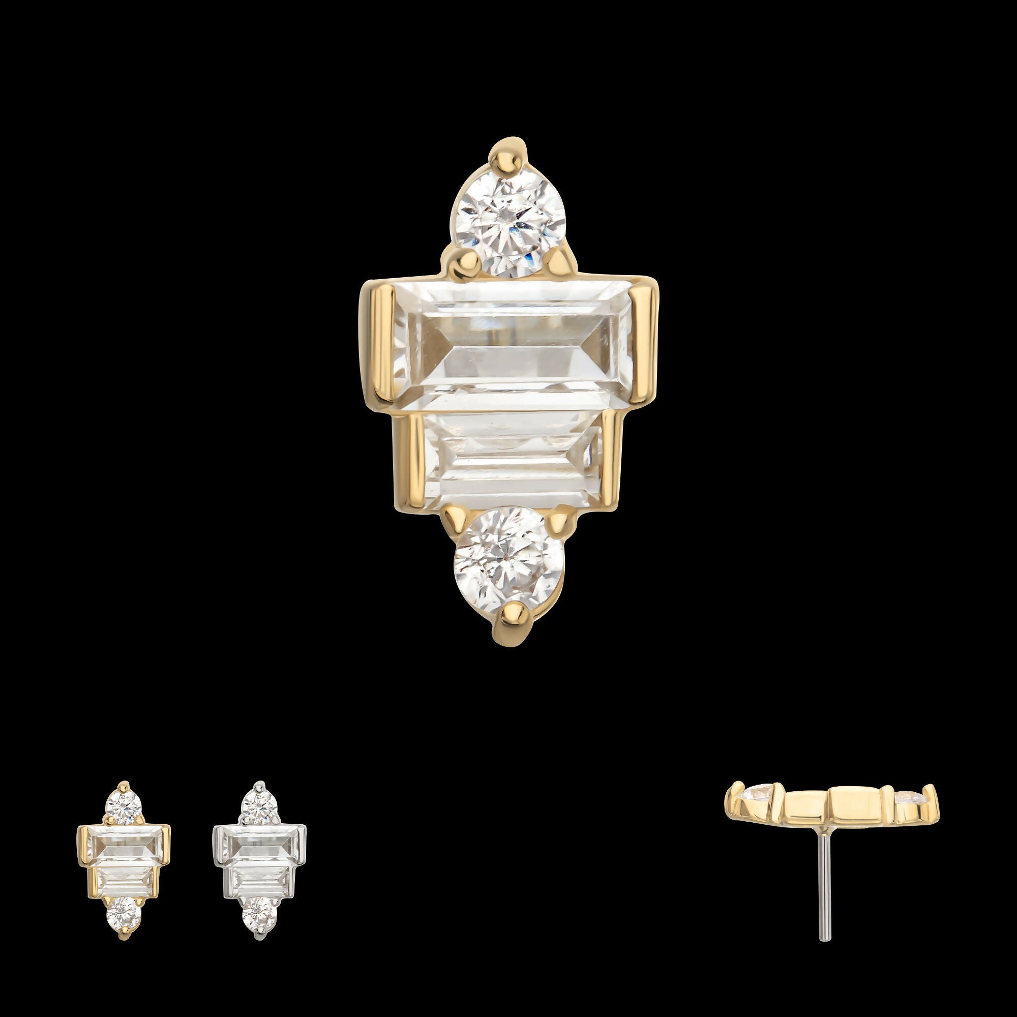 14Kt Gold Threadless 3D Geometric Baguette & Round Gem Top