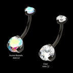 Black PVD Titanium Internally Threaded Prong Set Double CZ Fixed Bottom Navel Ring Earring / Nosering